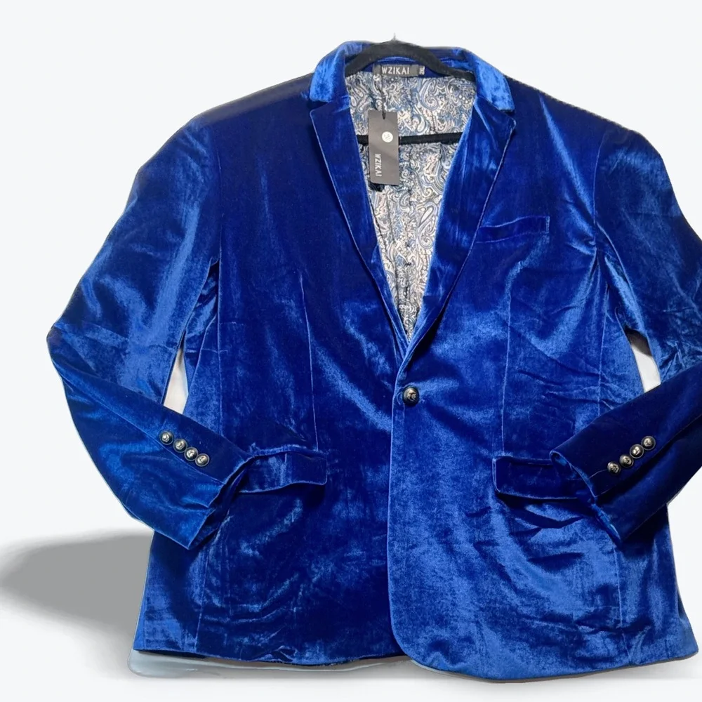 Royal Blue Velvet Blazer Jacket Paisley Lining WZIKAI Mens Size 2XL New NWT